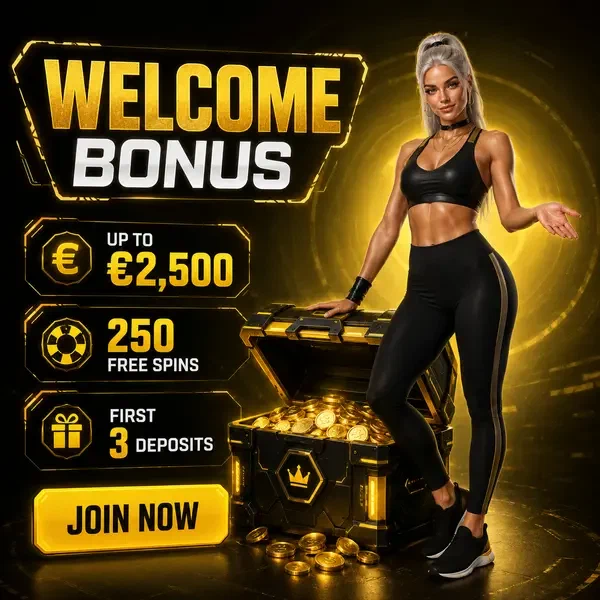 Donna sicura che presenta il forziere del live casino su Needforslots con monete bonus dorate