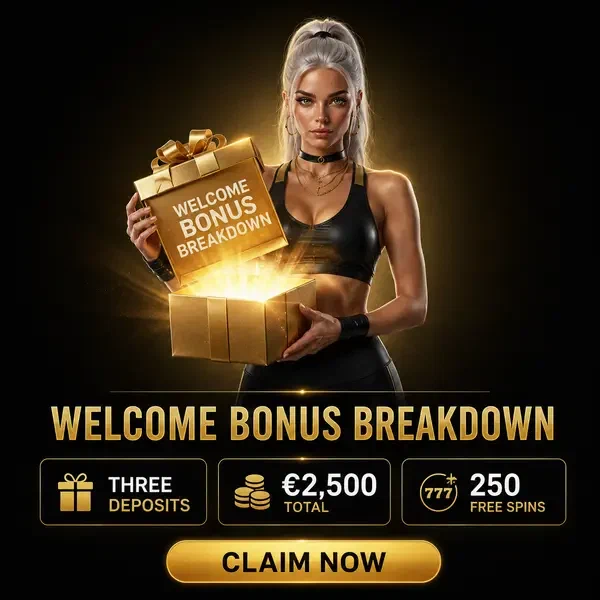 Giocatore che apre una scatola regalo bonus di benvenuto dorata alla celebrazione sul tetto di Needforslots