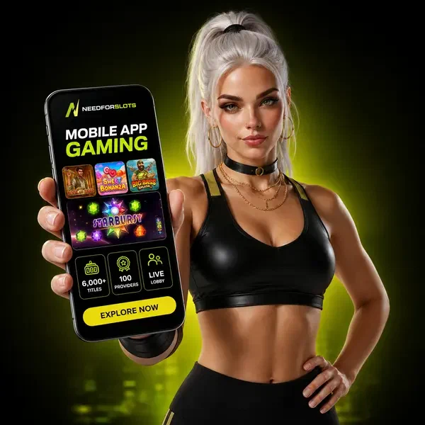 Giocatore che mostra con sicurezza l'app mobile Needforslots con oltre 6.000 giochi su schermo luminoso