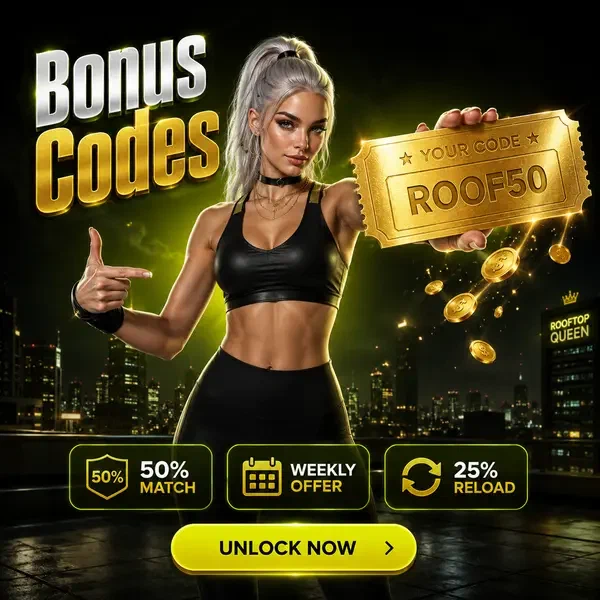 Giocatore che tiene un voucher codice promozionale dorato al Casinò Needforslots sul tetto sotto luci al neon