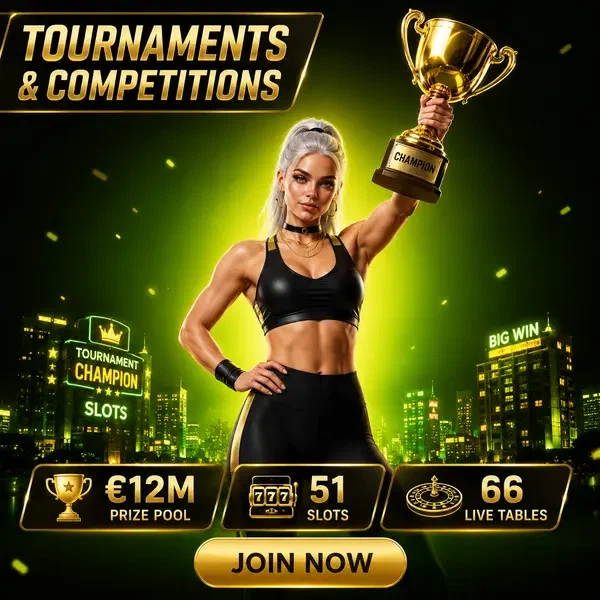 Giocatore trionfante tiene trofeo dorato ai tornei Needforslots con sfondo città al neon